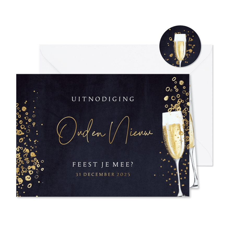 Uitnodiging oud en nieuw bubbels champagne velvet - Kaartimpressie