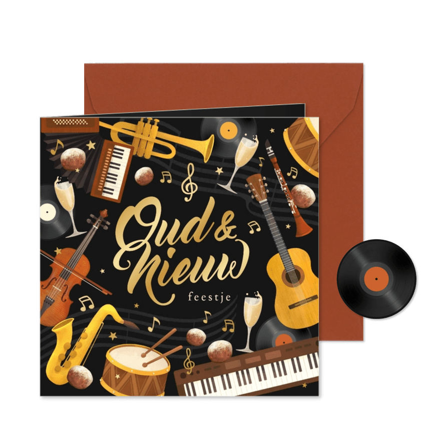 Uitnodiging oud en nieuw feestje muziekinstrumenten goud - Kaartimpressie