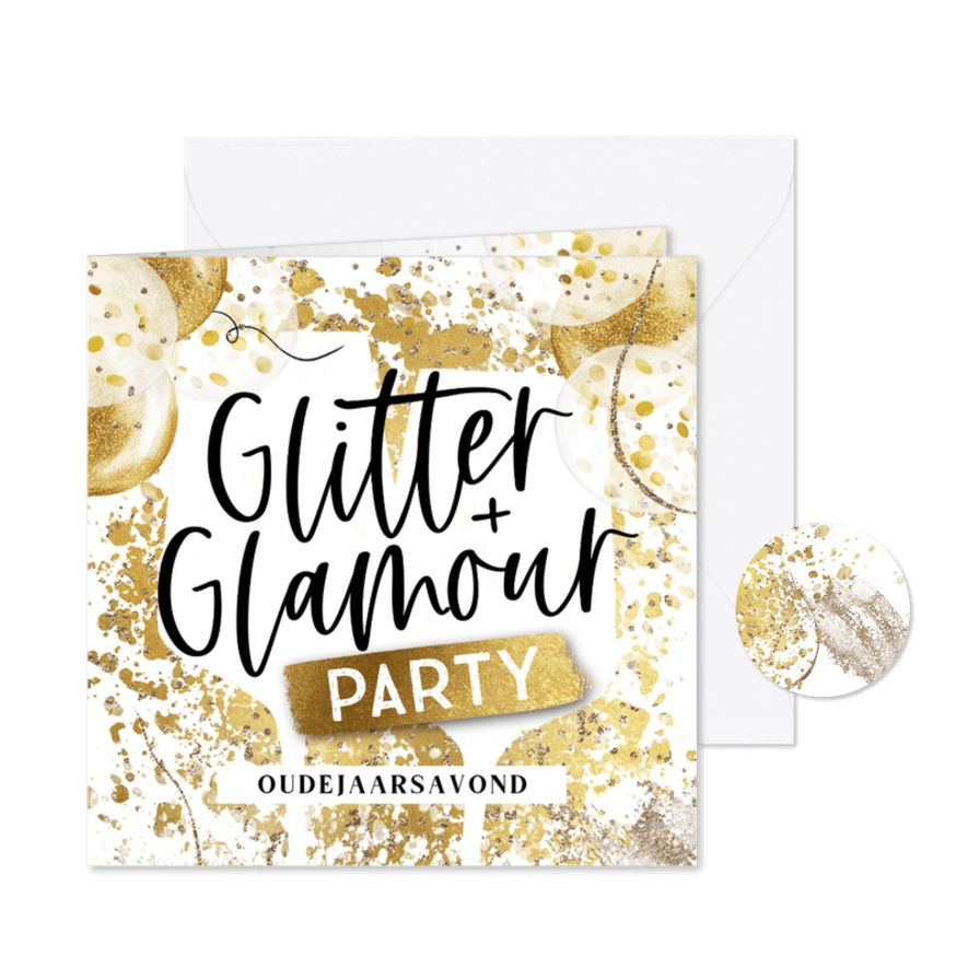 Uitnodiging oudejaarsavond 'Glitter&Glamour Party' goudlook - Kaartimpressie
