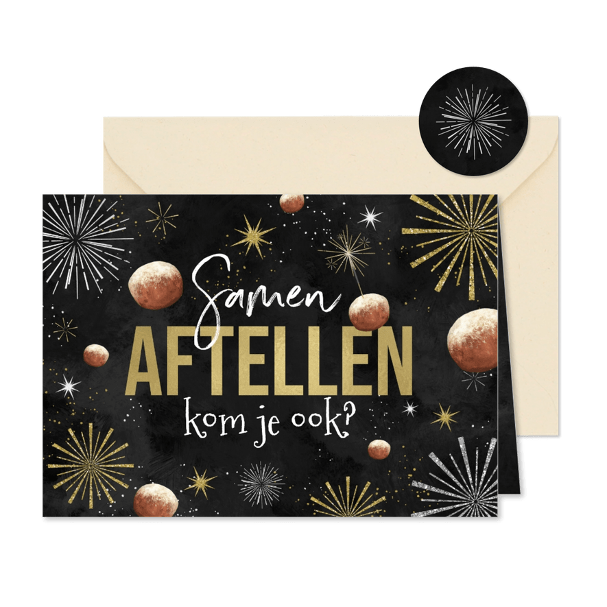 Uitnodiging oudejaarsavond vuurwerk oliebollen aftellen - Kaartimpressie