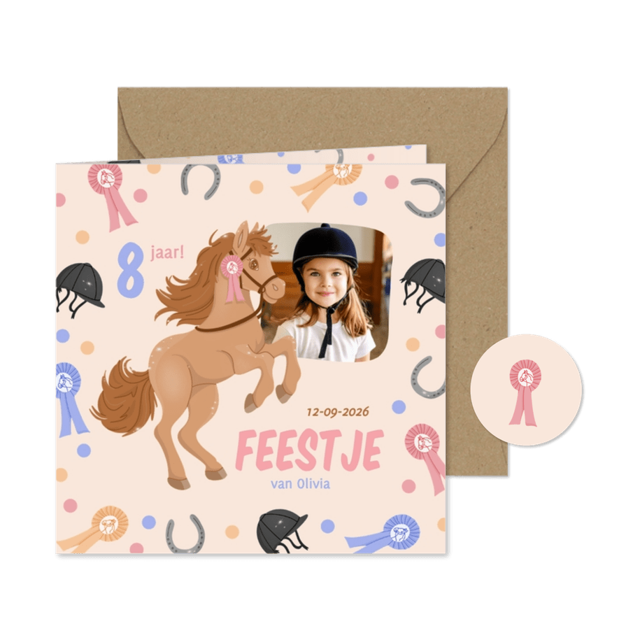 Uitnodiging paarden kinderfeestje bruin met foto - Kaartimpressie