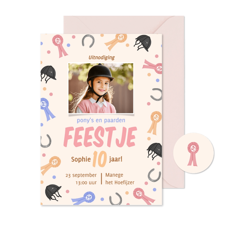 Uitnodiging paardrijden kinderfeestje met foto enkel - Kaartimpressie