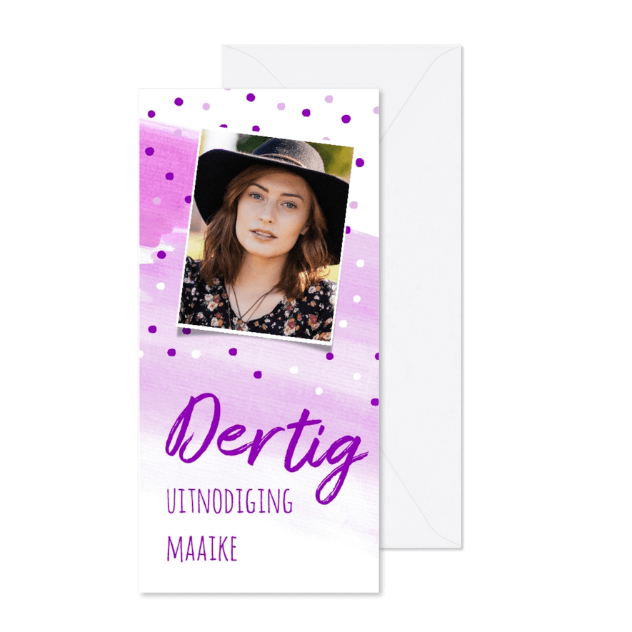 Uitnodiging paars met stippen, foto en aanpasbare leeftijd - Kaartimpressie