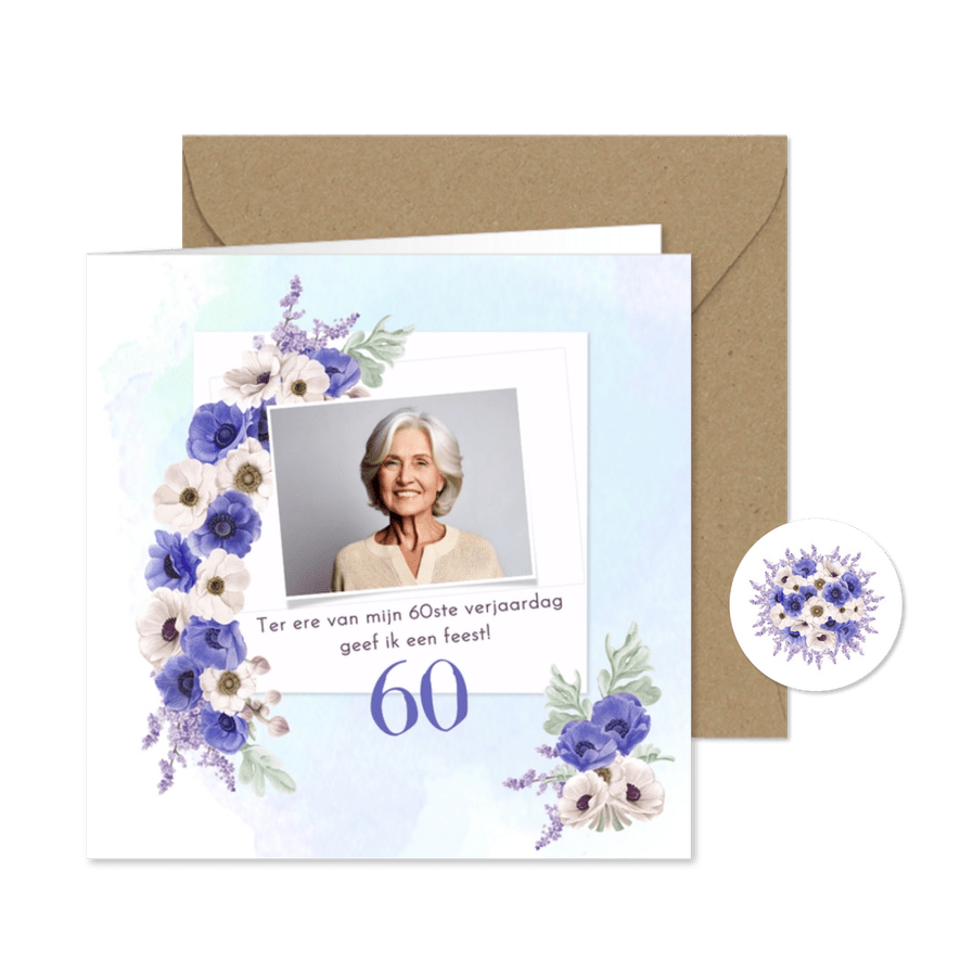 Uitnodiging paarse en witte anemonen - Kaartimpressie
