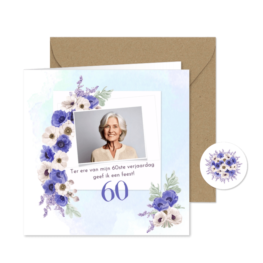 Uitnodiging paarse en witte anemonen - Kaartimpressie