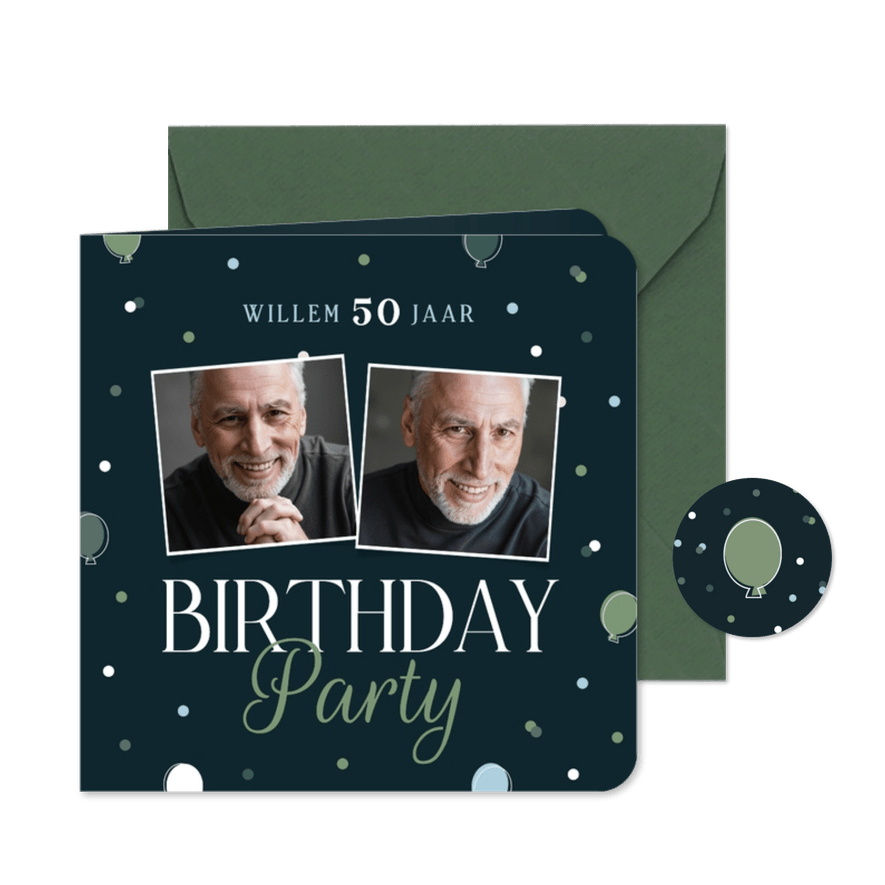 Uitnodiging party blauwe ballonnen met foto's confetti groen - Kaartimpressie