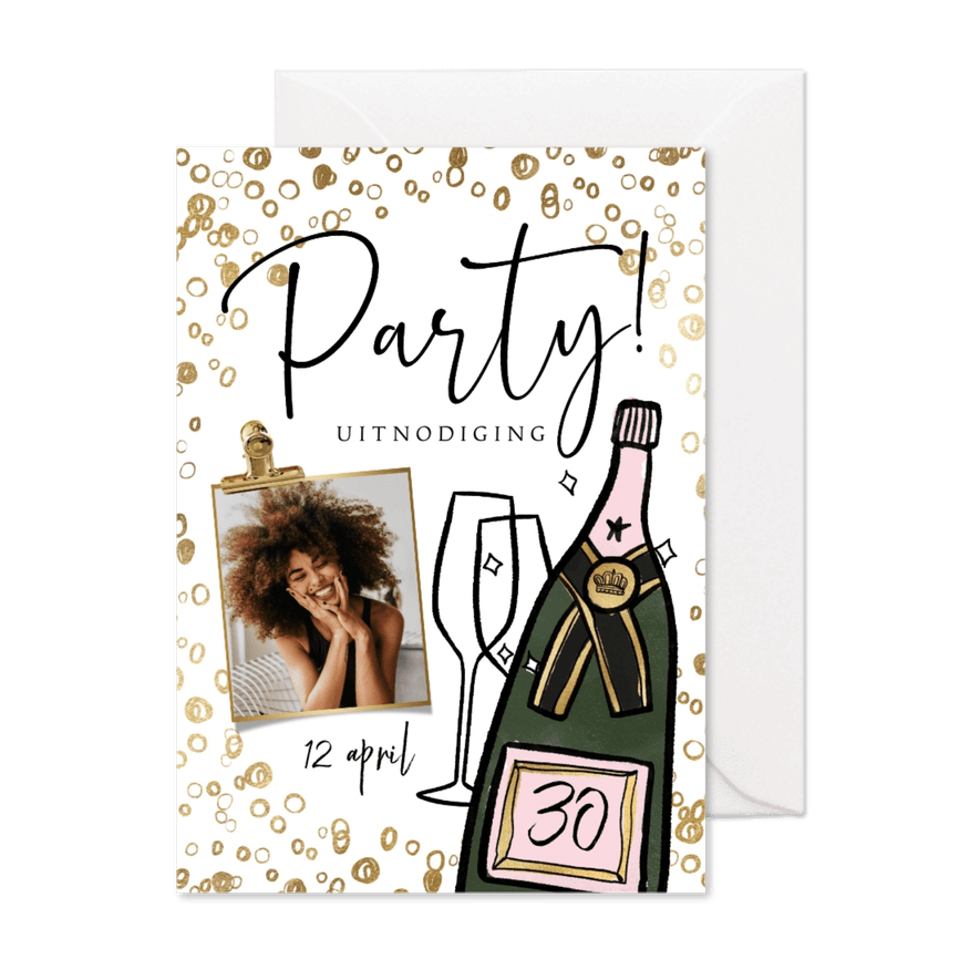 Uitnodiging ‘Party’ champagnefles bubbels foto goud - Kaartimpressie