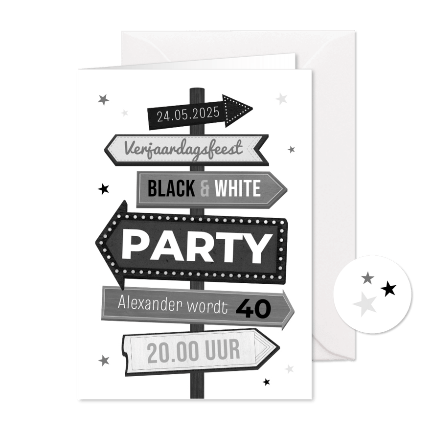 Uitnodiging party thema black and white wegwijzers sterren - Kaartimpressie