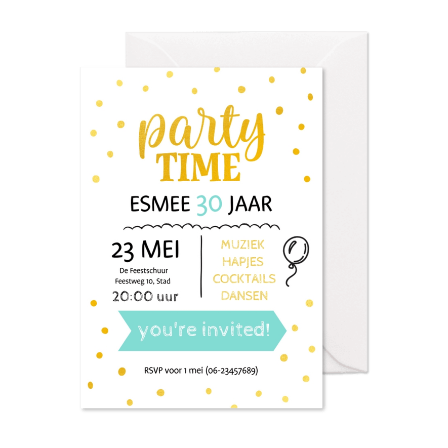 Uitnodiging party time goudlook vrouw - Kaartimpressie