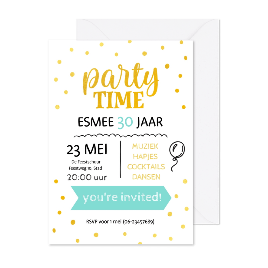 Uitnodiging party time goudlook vrouw - Kaartimpressie