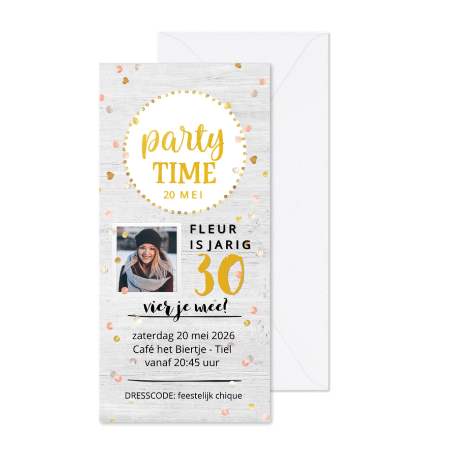 Uitnodiging - party time goudlook - Kaartimpressie