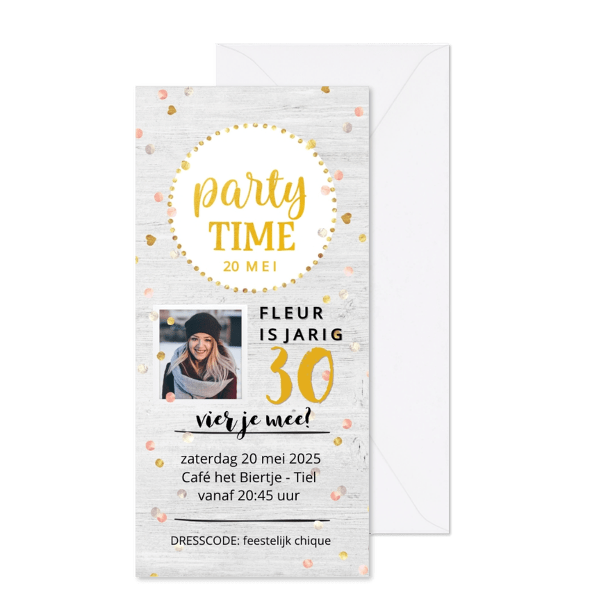 Uitnodiging - party time goudlook - Kaartimpressie