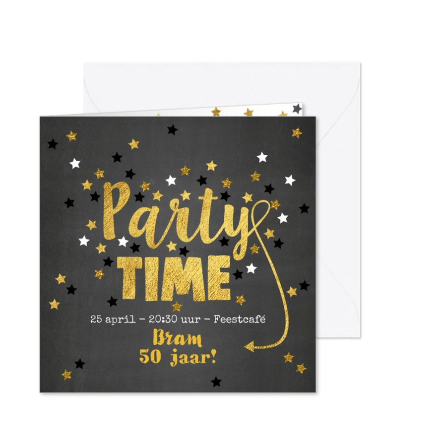 Uitnodiging Party-Time kaart krijtbord en sterren goud - Kaartimpressie