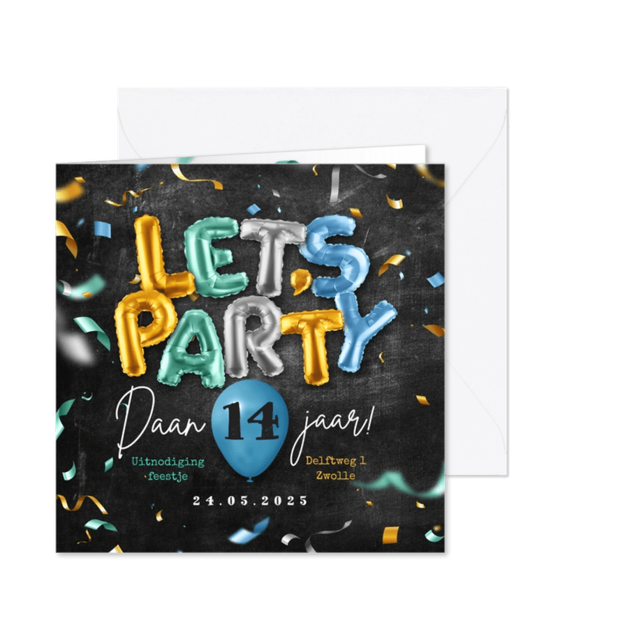 Uitnodiging party verjaardag ballonnen confetti krijt foto - Kaartimpressie