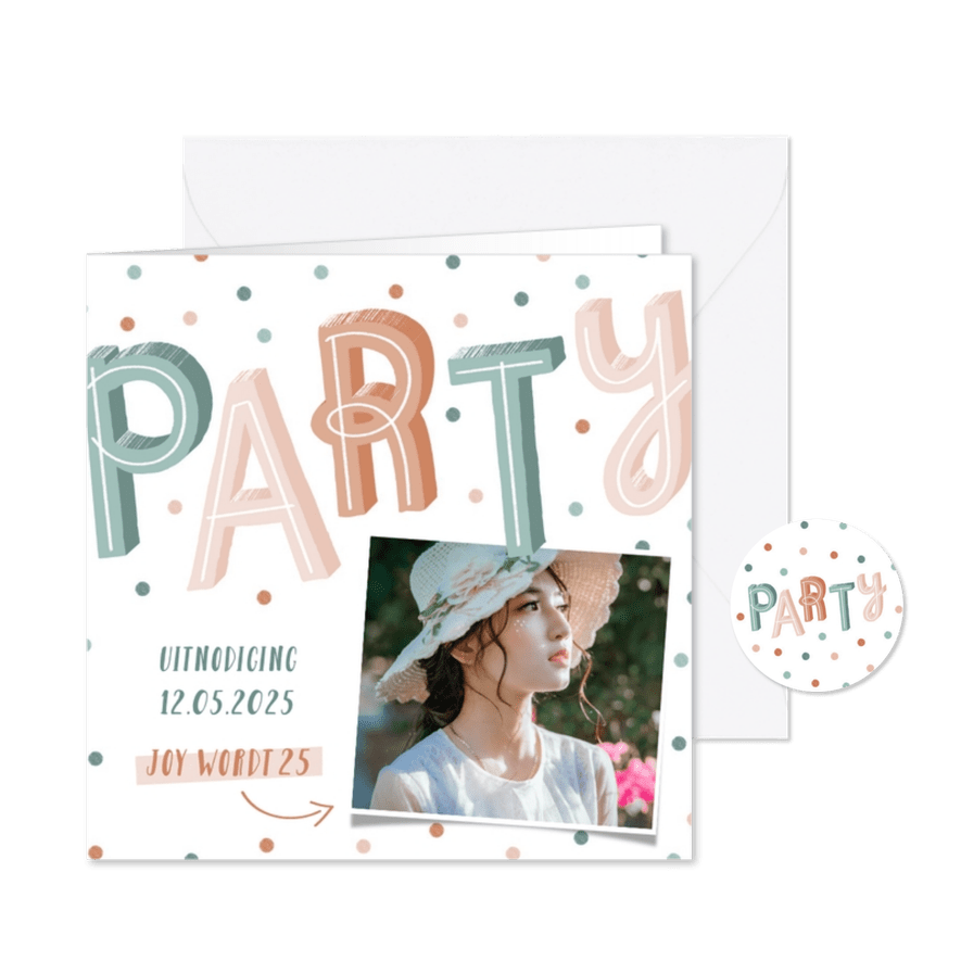 Uitnodiging pastel party met confetti - Kaartimpressie