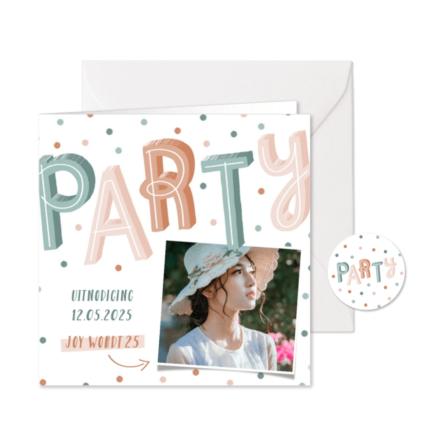 Uitnodiging pastel party met confetti  - Kaartimpressie