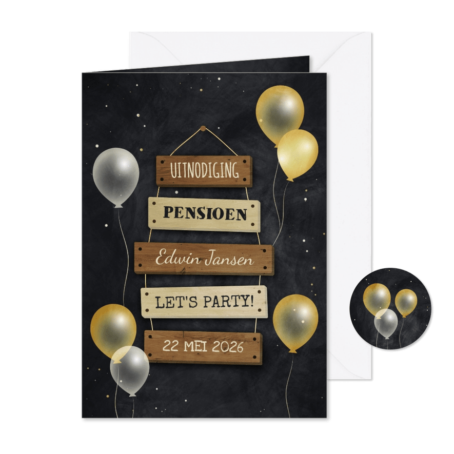 Uitnodiging pensioen bordjes met feestelijke ballonnen - Kaartimpressie