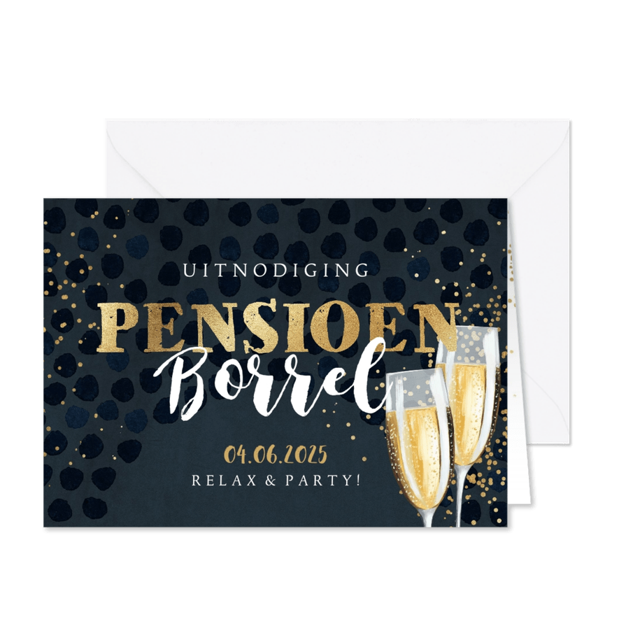 Uitnodiging 'Pensioen Borrel' champagneglazen en goudlook - Kaartimpressie