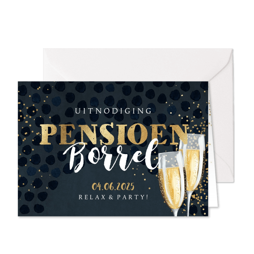 Uitnodiging 'Pensioen Borrel' champagneglazen en goudlook - Kaartimpressie