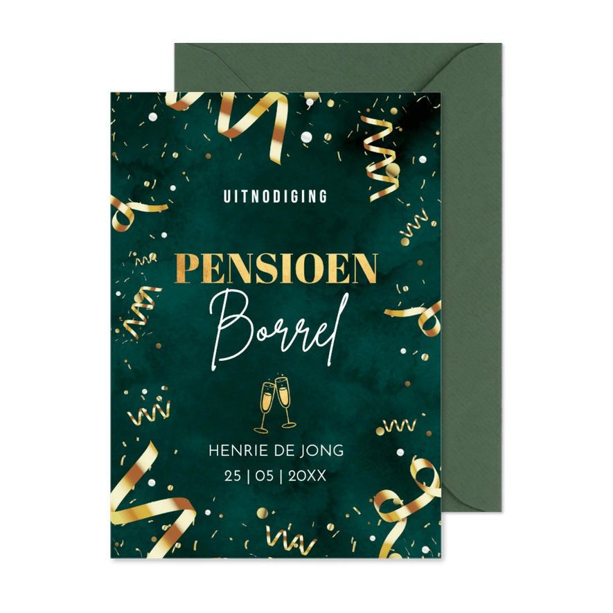 Uitnodiging pensioen borrel groen confetti slingers goudlook - Kaartimpressie