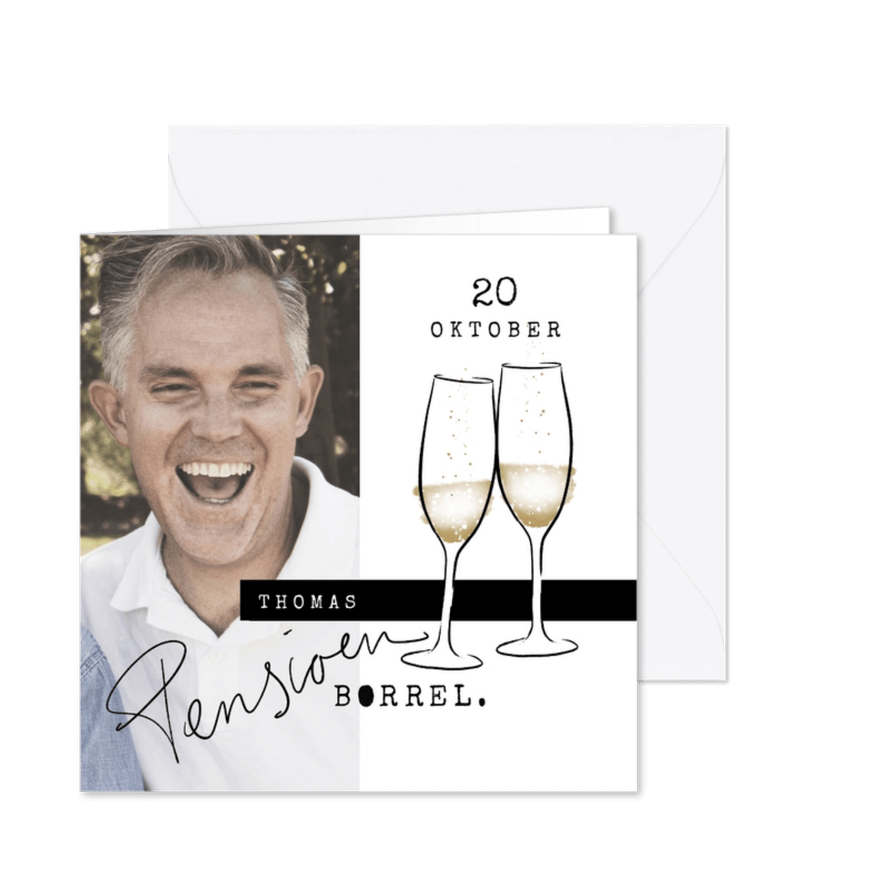 Uitnodiging pensioen-borrel, met champagneglazen - Kaartimpressie
