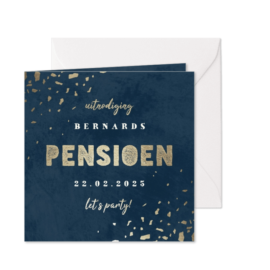 Uitnodiging pensioen donkerblauw met terrazzo patroon - Kaartimpressie