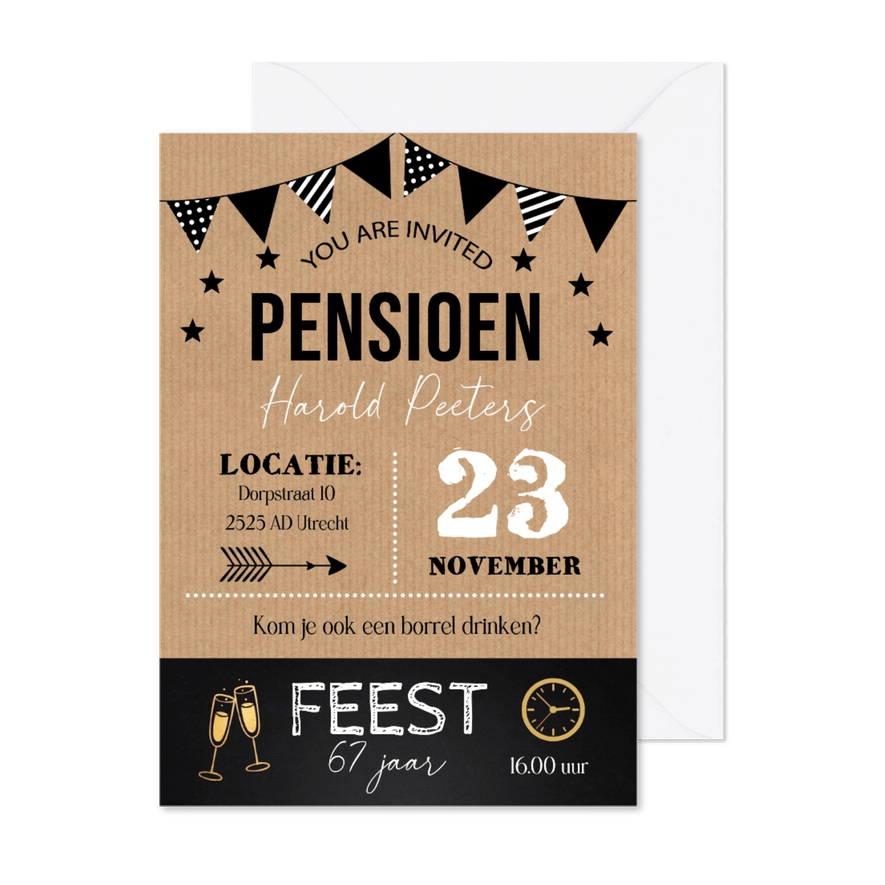 Uitnodiging pensioen feest typografie kraft krijtbord - Kaartimpressie