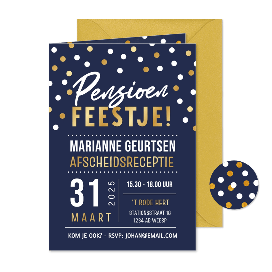 Uitnodiging pensioen feestje man of vrouw met confetti - Kaartimpressie