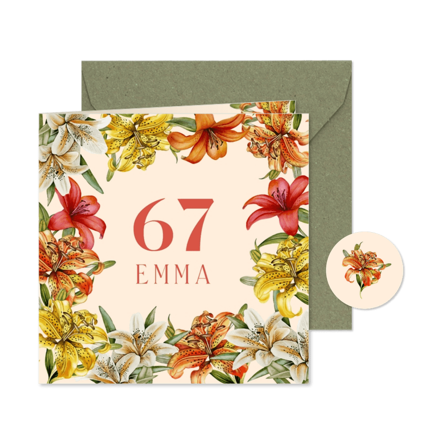 Uitnodiging pensioen gekleurde lelies - Kaartimpressie