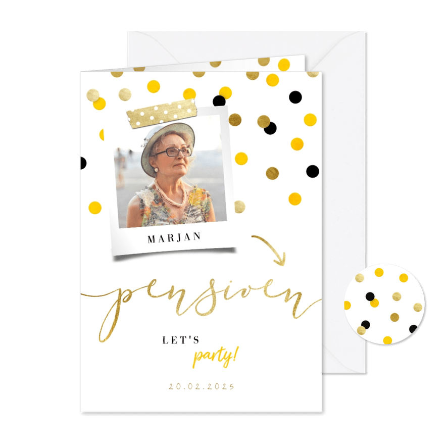 Uitnodiging pensioen goud met feestelijke confetti - Kaartimpressie
