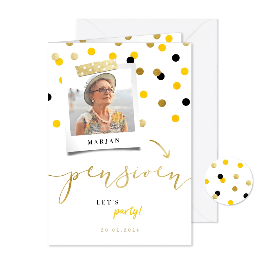 Uitnodiging pensioen goud met feestelijke confetti - Kaartimpressie