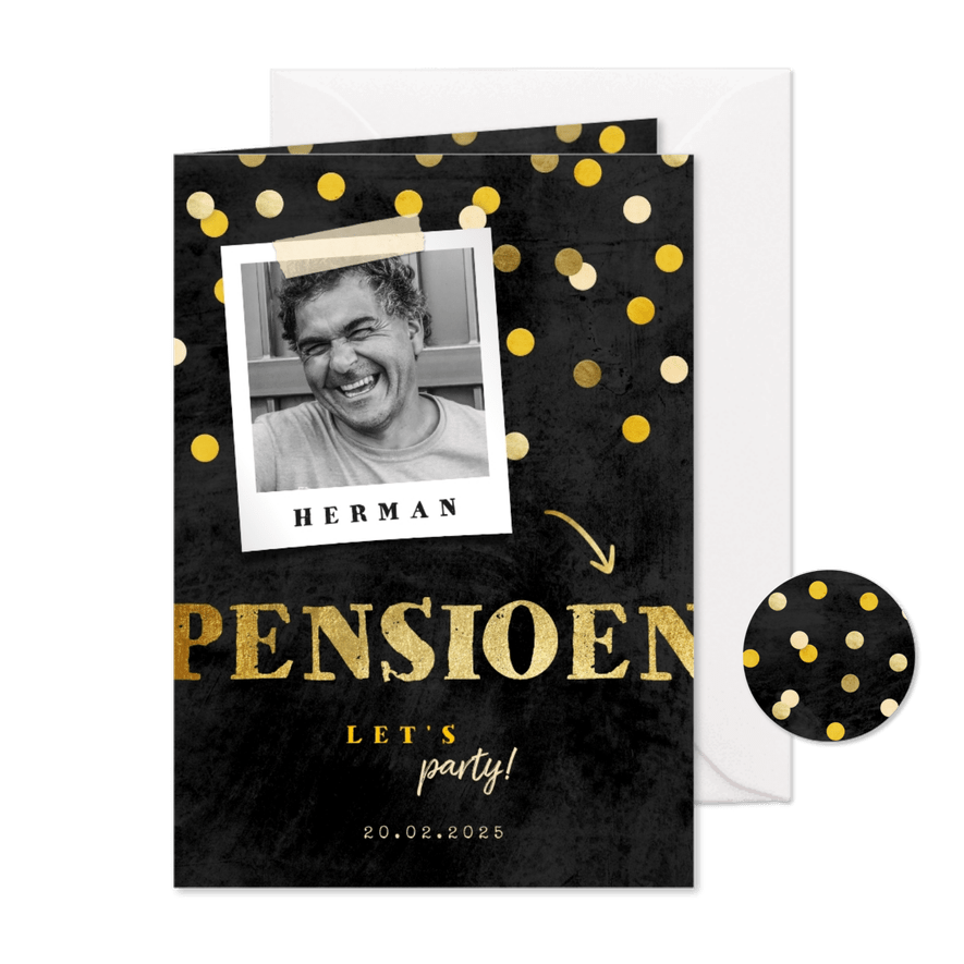 Uitnodiging pensioen goud met krijtbord en confetti - Kaartimpressie