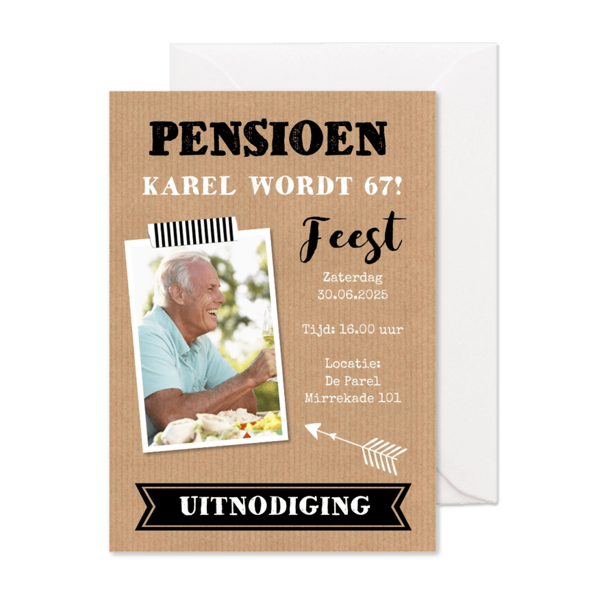 Uitnodiging pensioen kraft foto typografie - Kaartimpressie