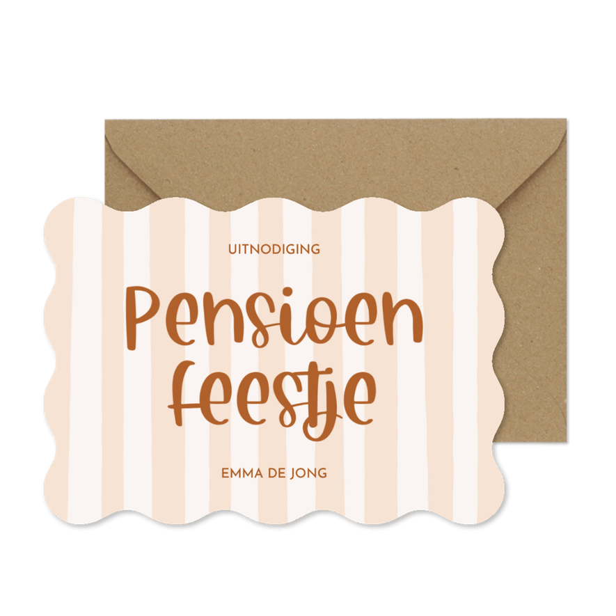 Uitnodiging pensioen met beige streepjes golfvorm - Kaartimpressie