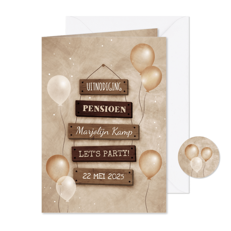 Uitnodiging pensioen met feestelijke ballonnen bordjes - Kaartimpressie