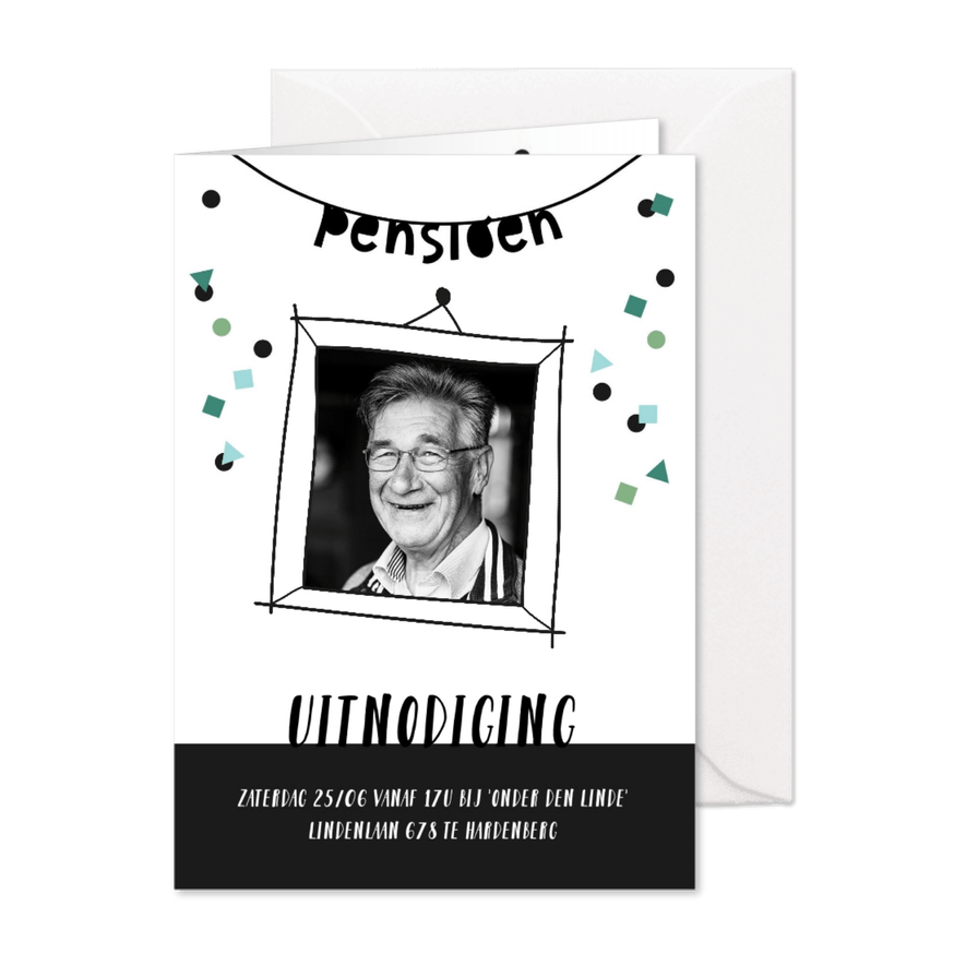 Uitnodiging pensioen met foto en confetti - Kaartimpressie