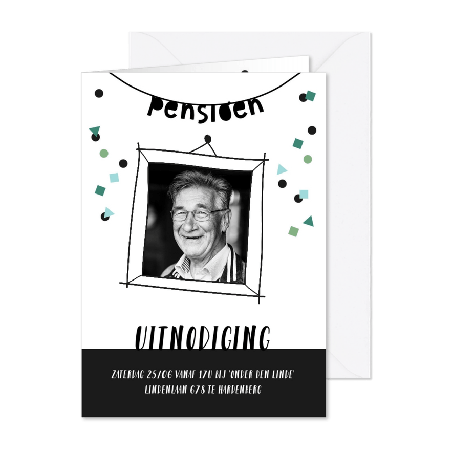 Uitnodiging pensioen met foto en confetti - Kaartimpressie