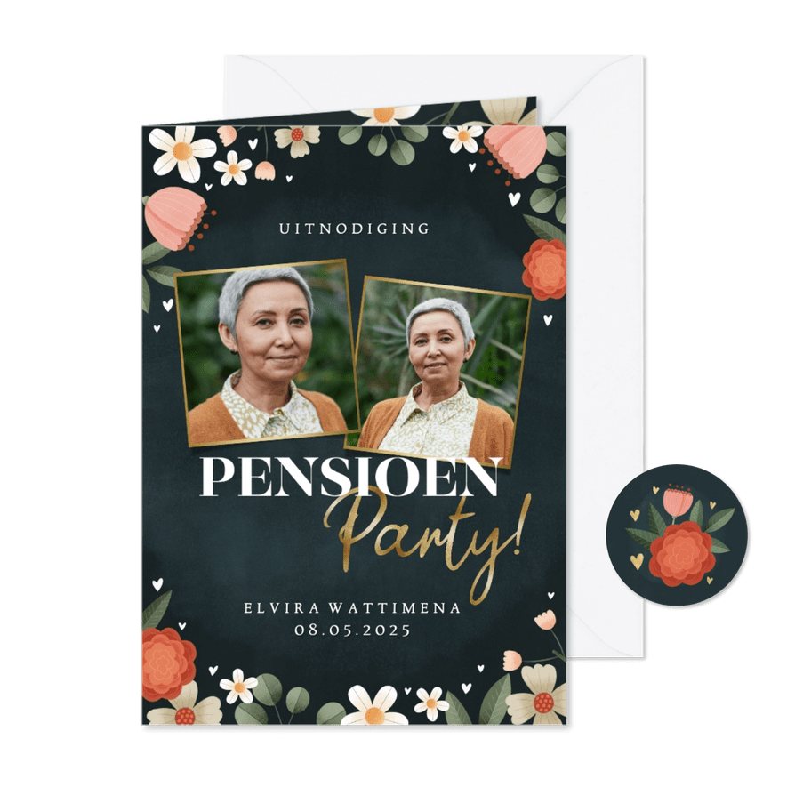 Uitnodiging pensioen party bloemenkader hartjes en foto's - Kaartimpressie