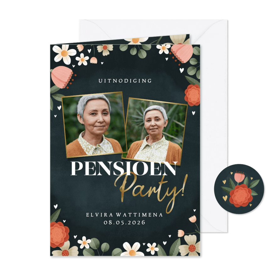 Uitnodiging pensioen party bloemenkader hartjes en foto's - Kaartimpressie