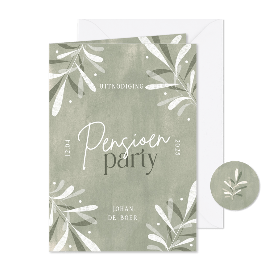 Uitnodiging pensioen party lichtgroen bladeren trendy - Kaartimpressie
