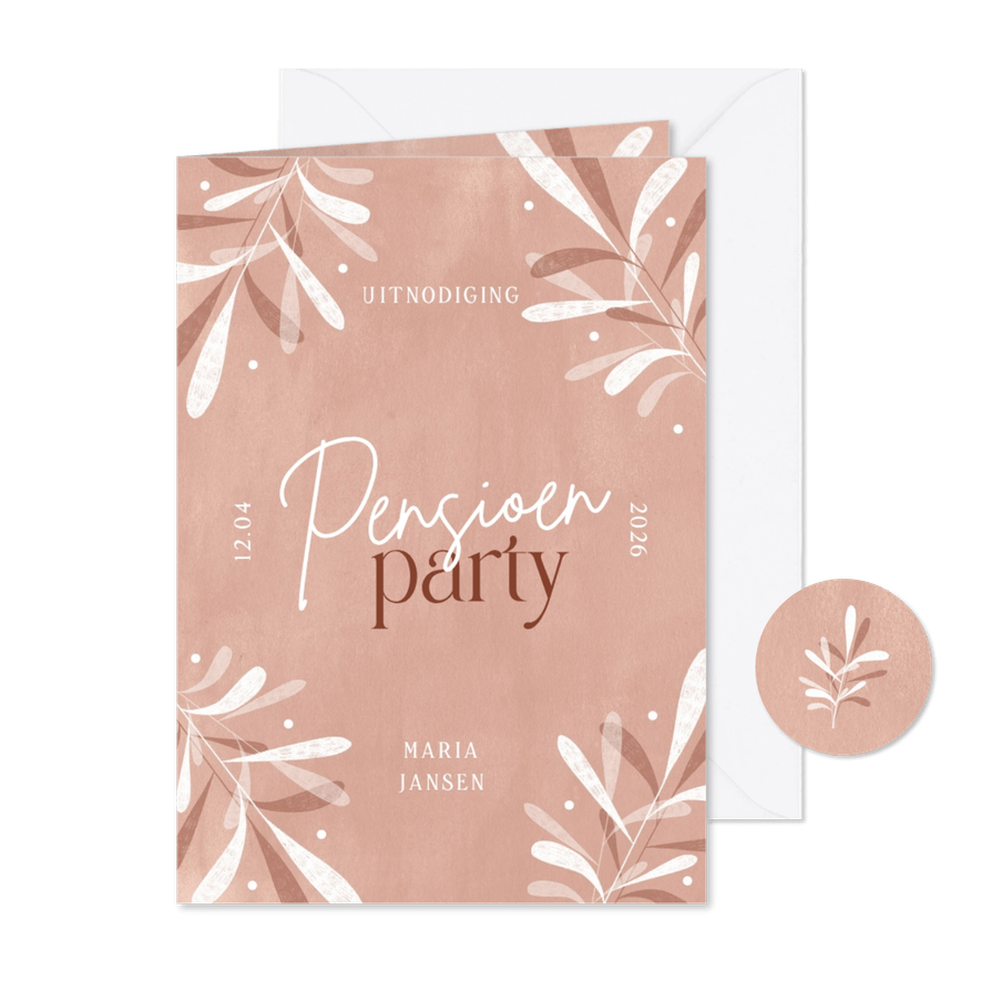Uitnodiging pensioen party lichtrood bladeren - Kaartimpressie