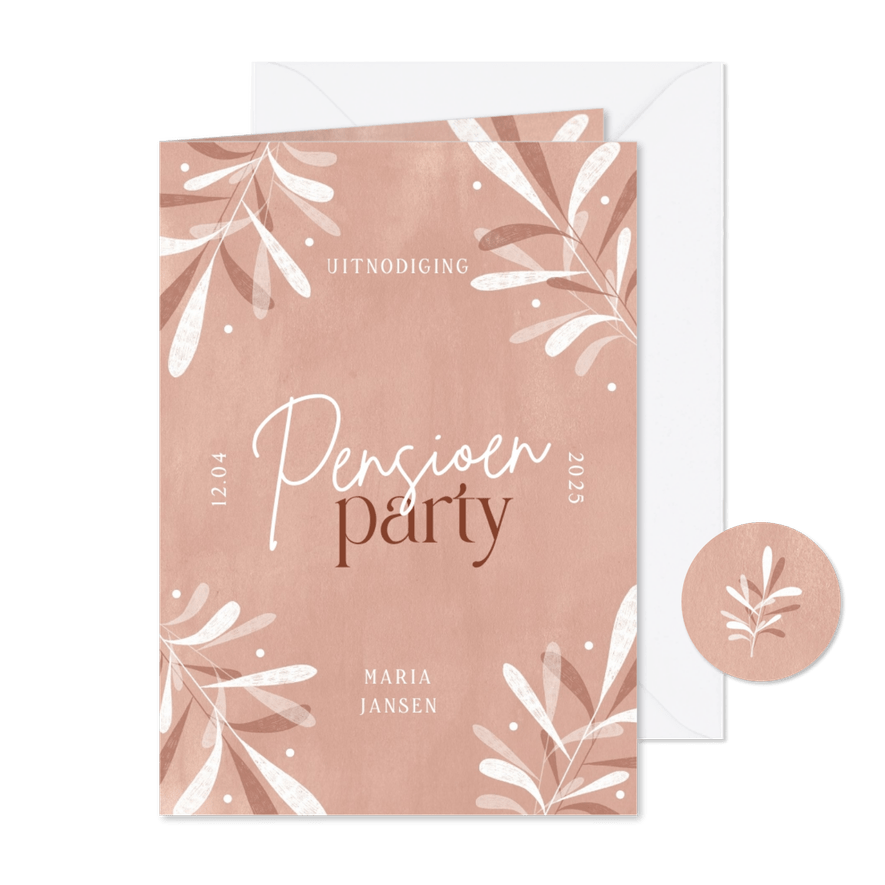 Uitnodiging pensioen party lichtrood bladeren - Kaartimpressie