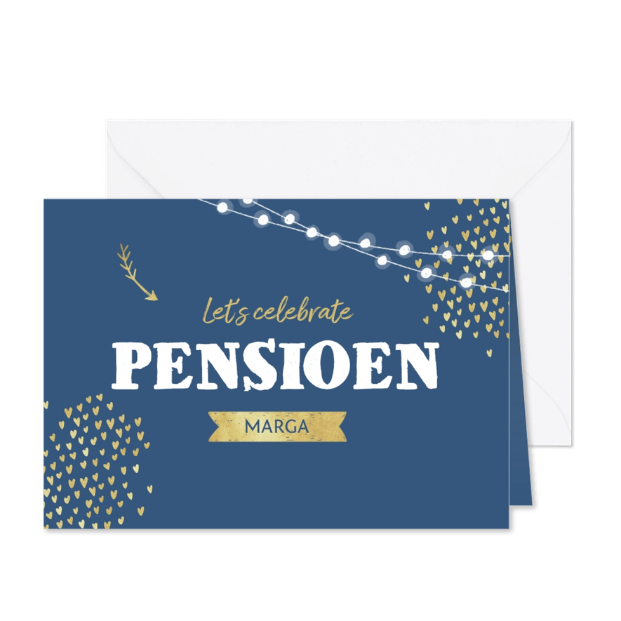 Uitnodiging pensioen vrouw goud stijlvol hartjes - Kaartimpressie
