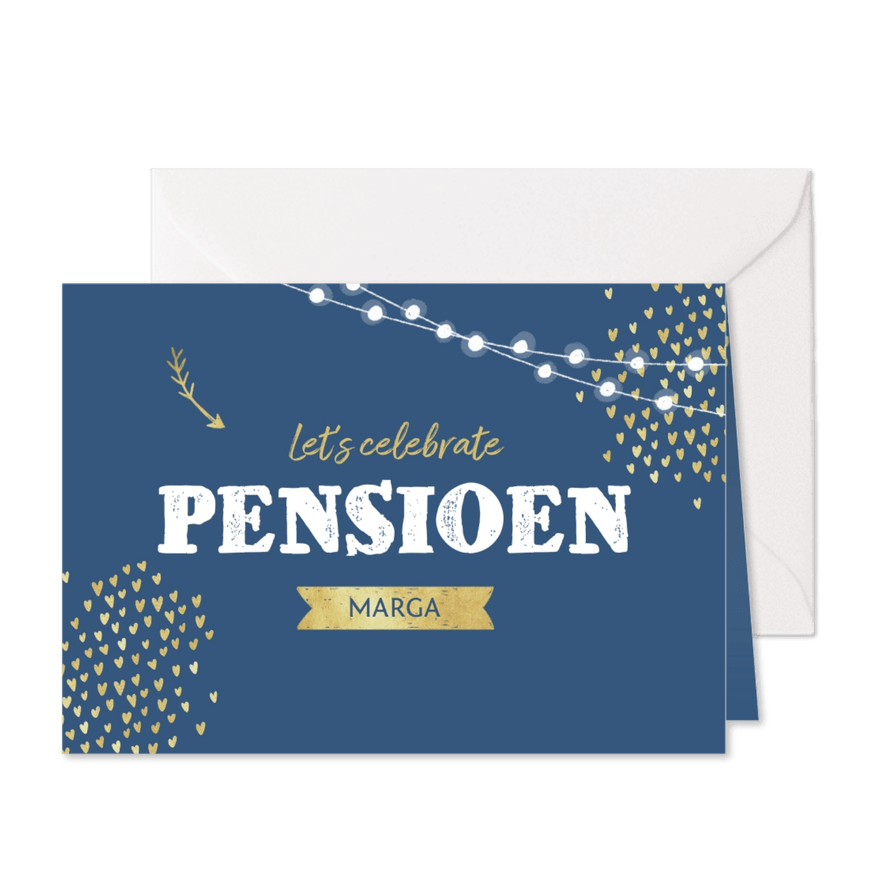 Uitnodiging pensioen vrouw goud stijlvol hartjes - Kaartimpressie