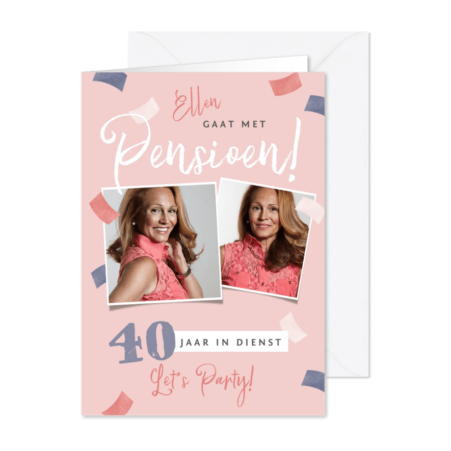 Uitnodiging pensioen X jaar in dienst roze confetti foto - Kaartimpressie