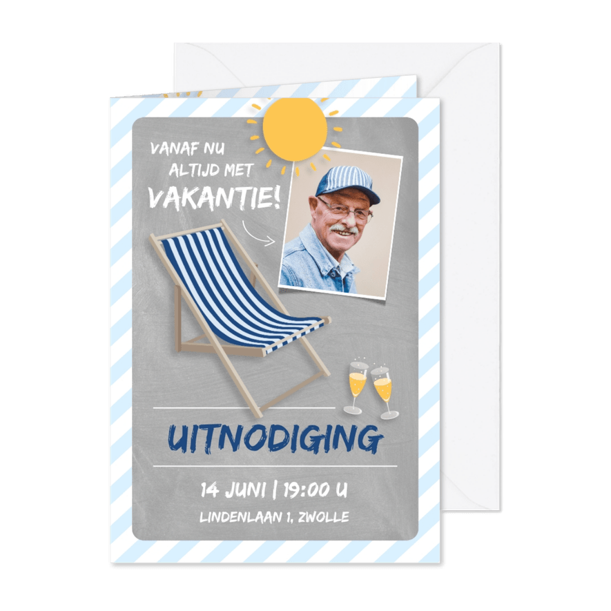 Uitnodiging pensioenfeest altijd vakantie - Kaartimpressie