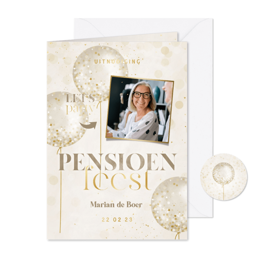Uitnodiging pensioenfeest beige met confetti ballonnen - Kaartimpressie
