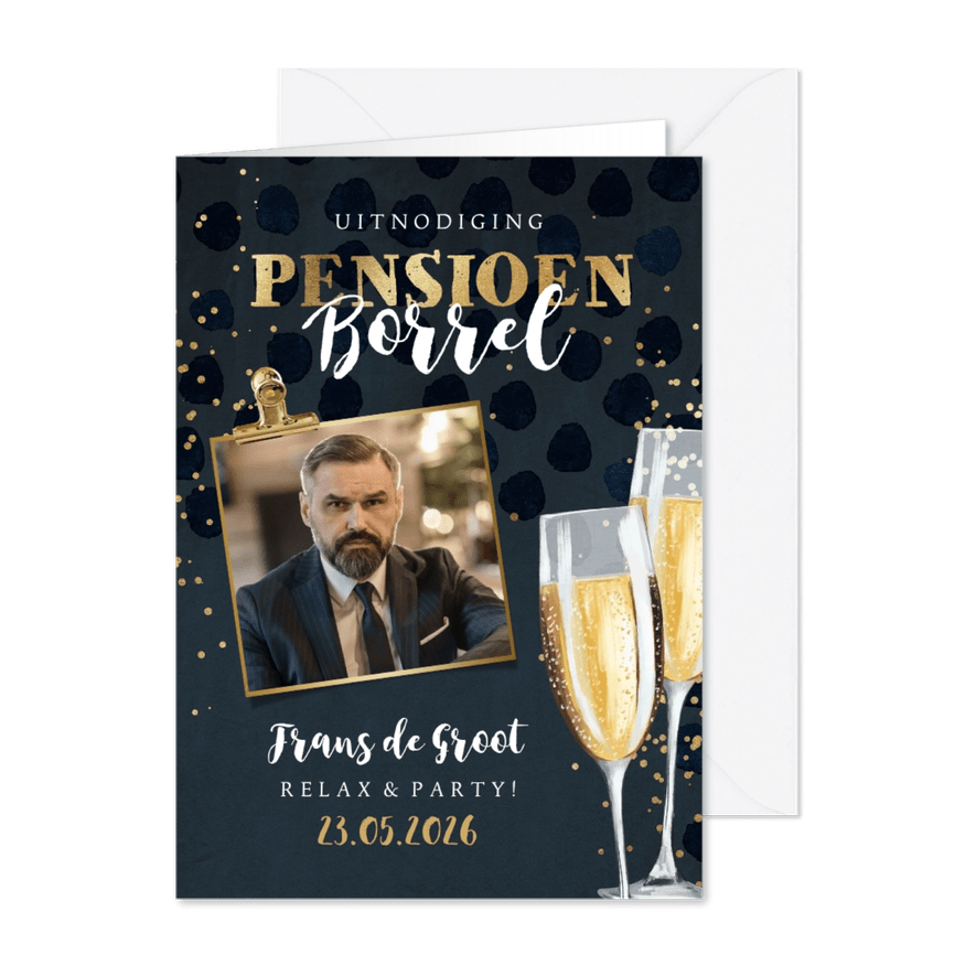 Uitnodiging pensioenfeest champagne glazen goud stijlvol - Kaartimpressie