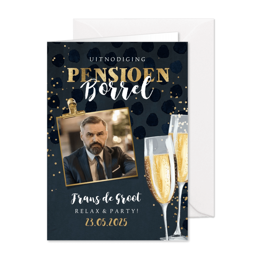 Uitnodiging pensioenfeest champagne glazen goud stijlvol - Kaartimpressie