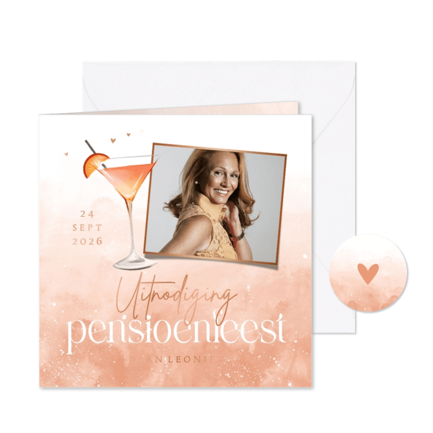 Uitnodiging pensioenfeest cocktail foto waterverf hartjes - Kaartimpressie